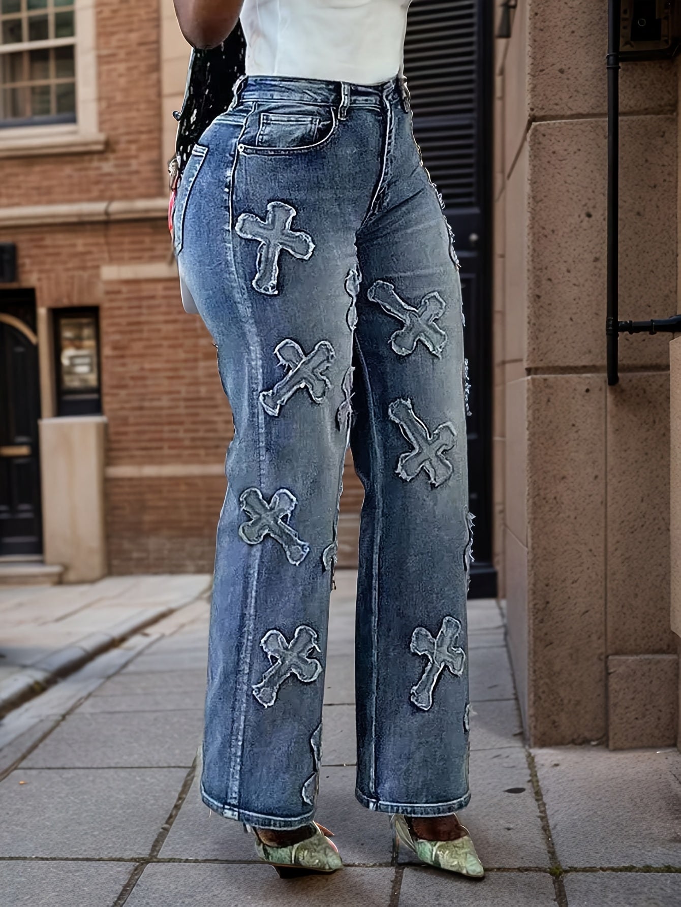 Womens Embroidered Straight Leg Jeans With Button Zipper Pockets Elegant Design Comfortable Fit Stylish Denim Trousers For Everyday Wear Fashionable Casual Outfit For Women